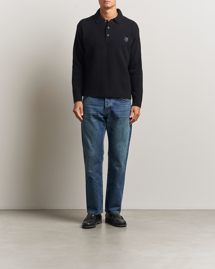 Herren | Pullover | Maison Kitsuné | Tonal Fox Head Wool Ribbed Polo Black