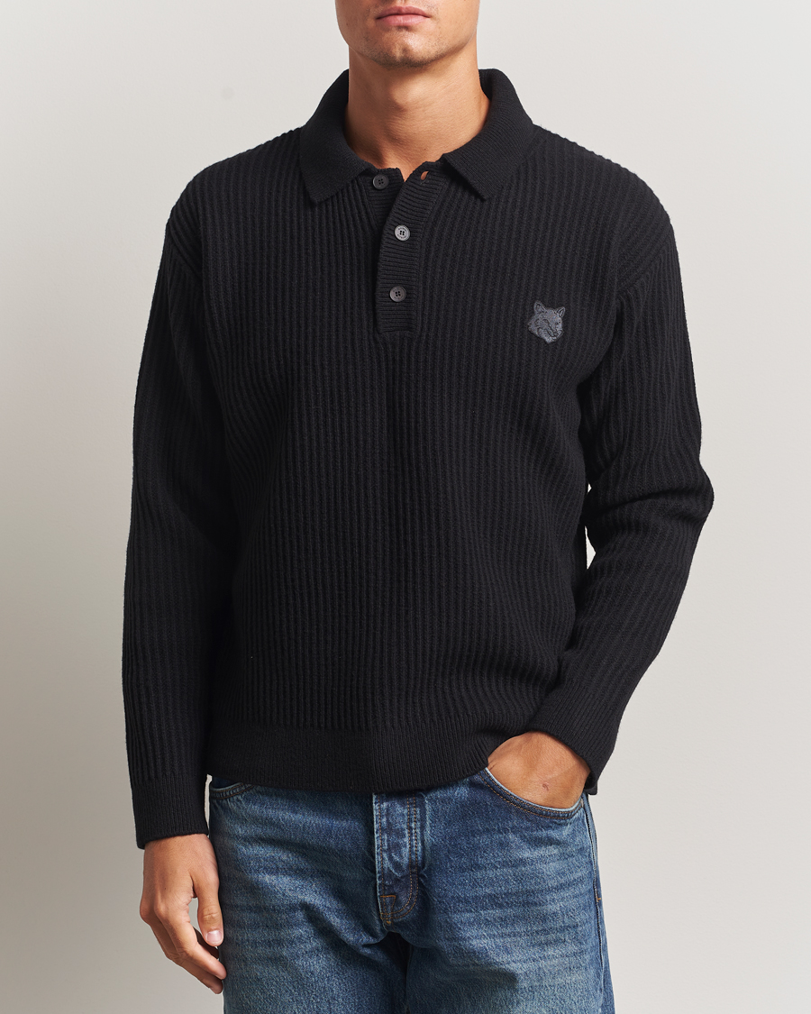 Herren | Pullover | Maison Kitsuné | Tonal Fox Head Wool Ribbed Polo Black