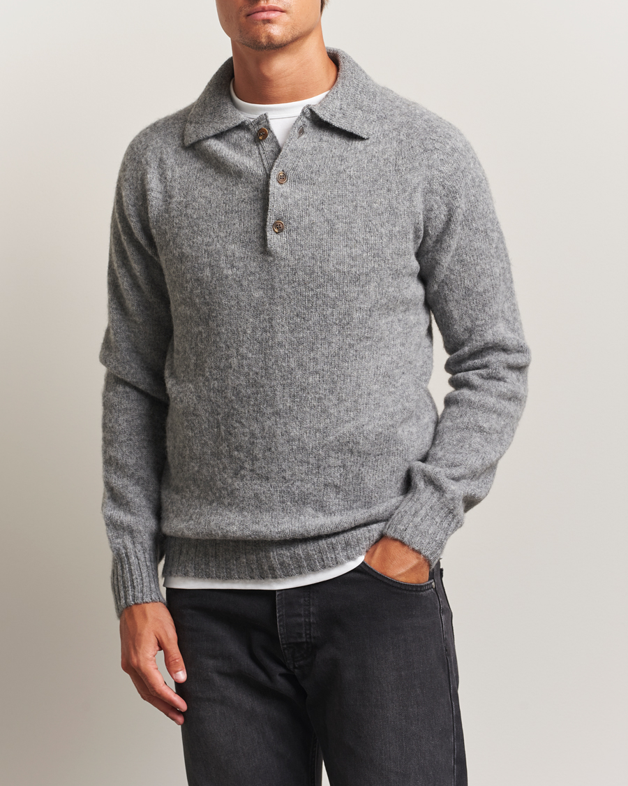 Herren | Pullover | Harley Of Scotland | Brushed Supersoft Lambswool Polo Mid Grey