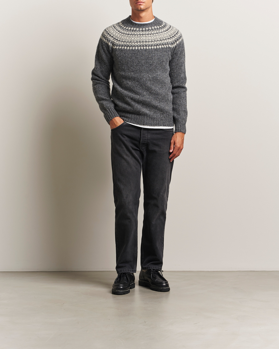 Herren | Pullover | Harley Of Scotland | Brushed Supersoft Lambswool Yolk Fairisle Grey