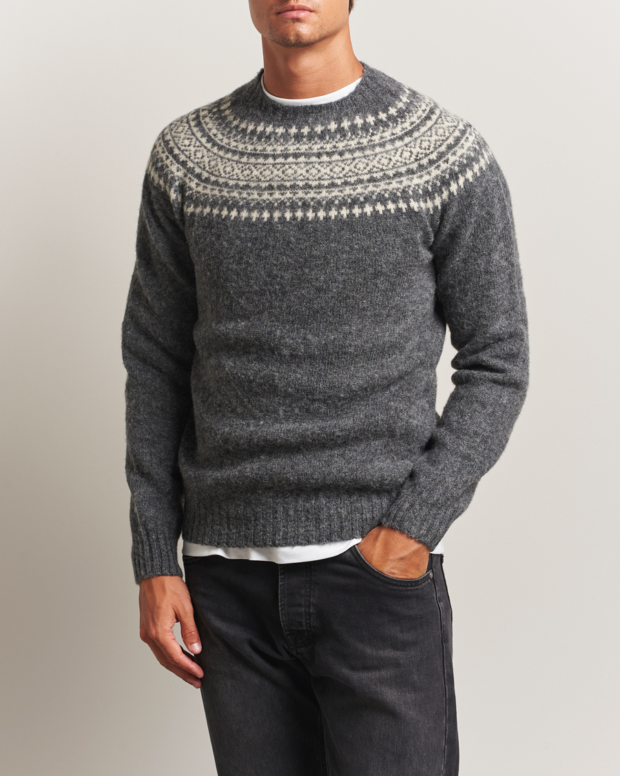 Herren | Pullover | Harley Of Scotland | Brushed Supersoft Lambswool Yolk Fairisle Grey
