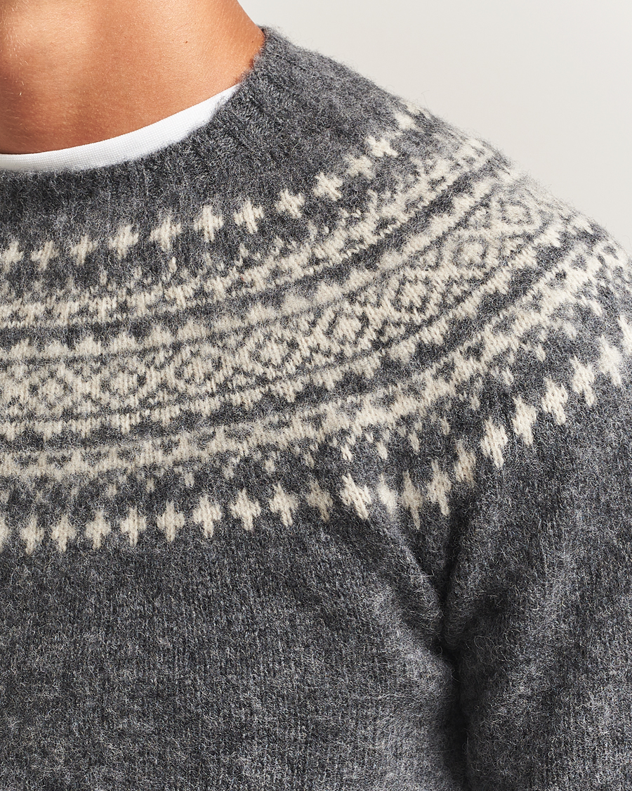 Herren | Pullover | Harley Of Scotland | Brushed Supersoft Lambswool Yolk Fairisle Grey