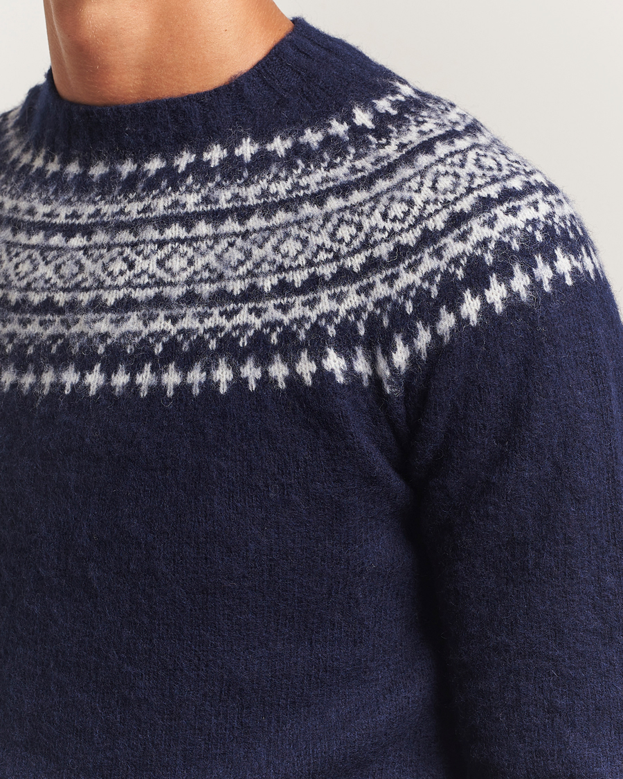 Herren | Pullover | Harley Of Scotland | Brushed Supersoft Lambswool Yolk Fairisle Navy