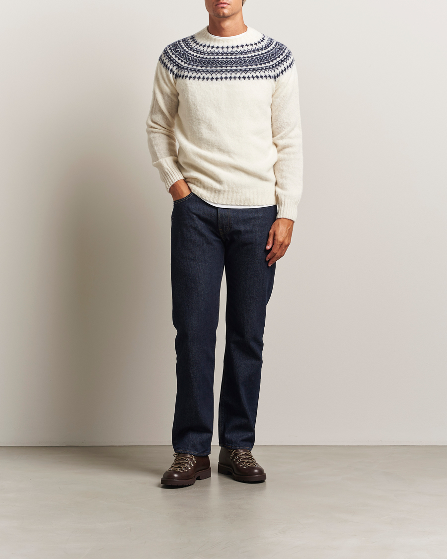 Herren | Pullover | Harley Of Scotland | Brushed Supersoft Lambswool Yolk Fairisle White