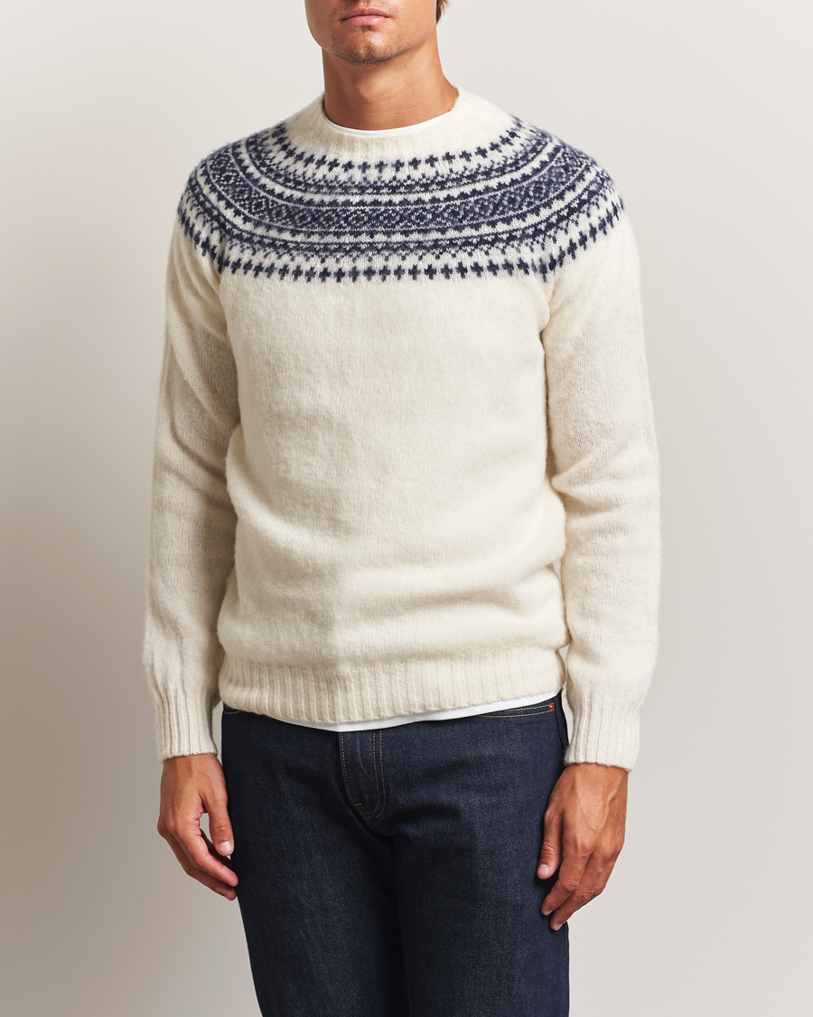 Herren | Pullover | Harley Of Scotland | Brushed Supersoft Lambswool Yolk Fairisle White