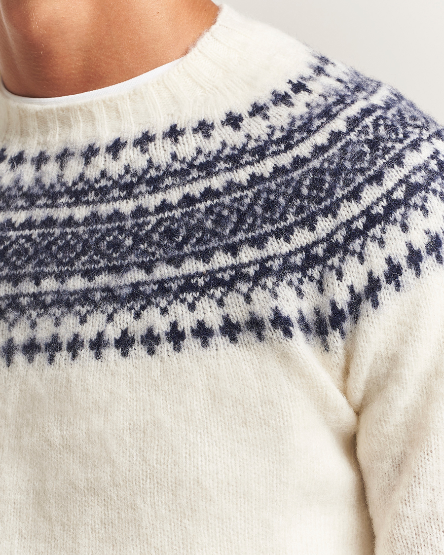 Herren | Pullover | Harley Of Scotland | Brushed Supersoft Lambswool Yolk Fairisle White
