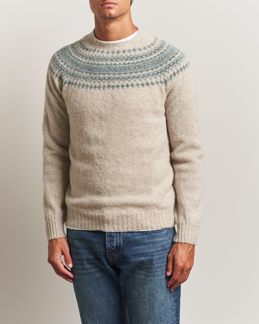 Herren | Pullover | Harley Of Scotland | Brushed Supersoft Lambswool Yolk Fairisle Beige