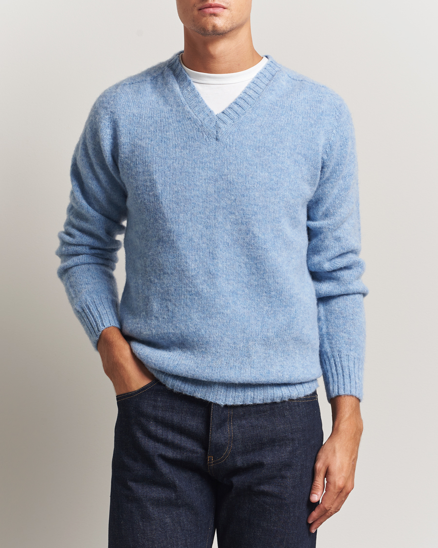 Herren | Pullover | Harley Of Scotland | Brushed Supersoft Lambswool V-Neck Light Blue