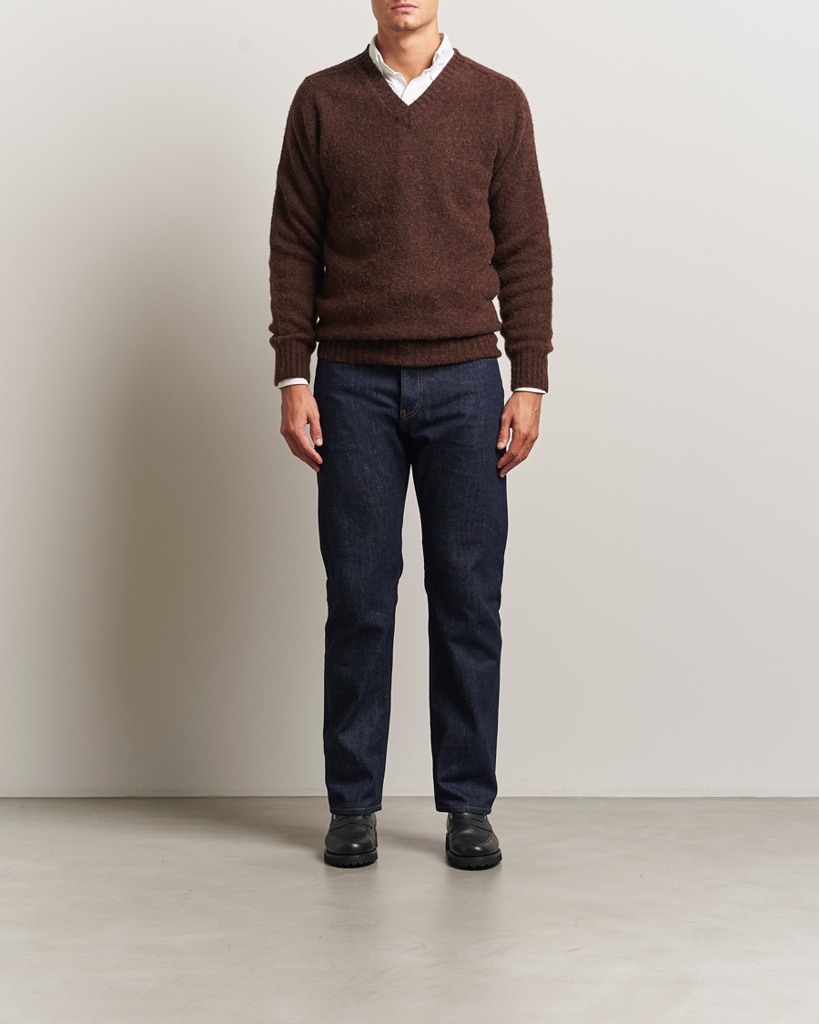Herren | Pullover | Harley Of Scotland | Brushed Supersoft Lambswool V-Neck Brown