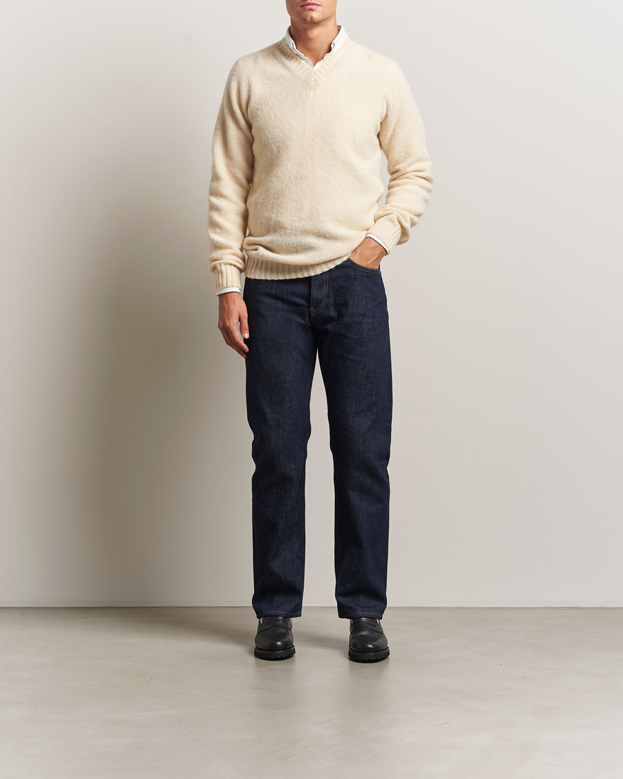 Herren | Pullover | Harley Of Scotland | Brushed Supersoft Lambswool V-Neck Vanilla