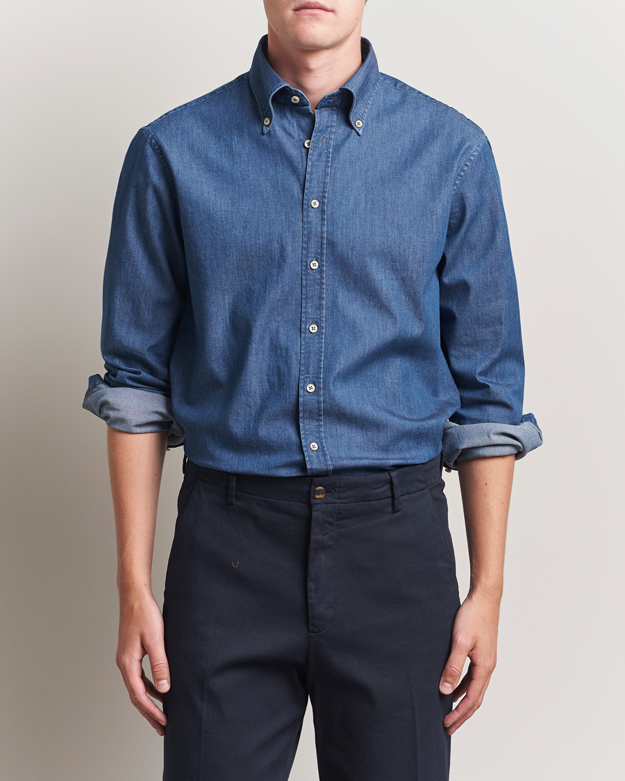 Herren | Hemden | Stenströms | Regular Fit Button Down Garment Washed Shirt Denim