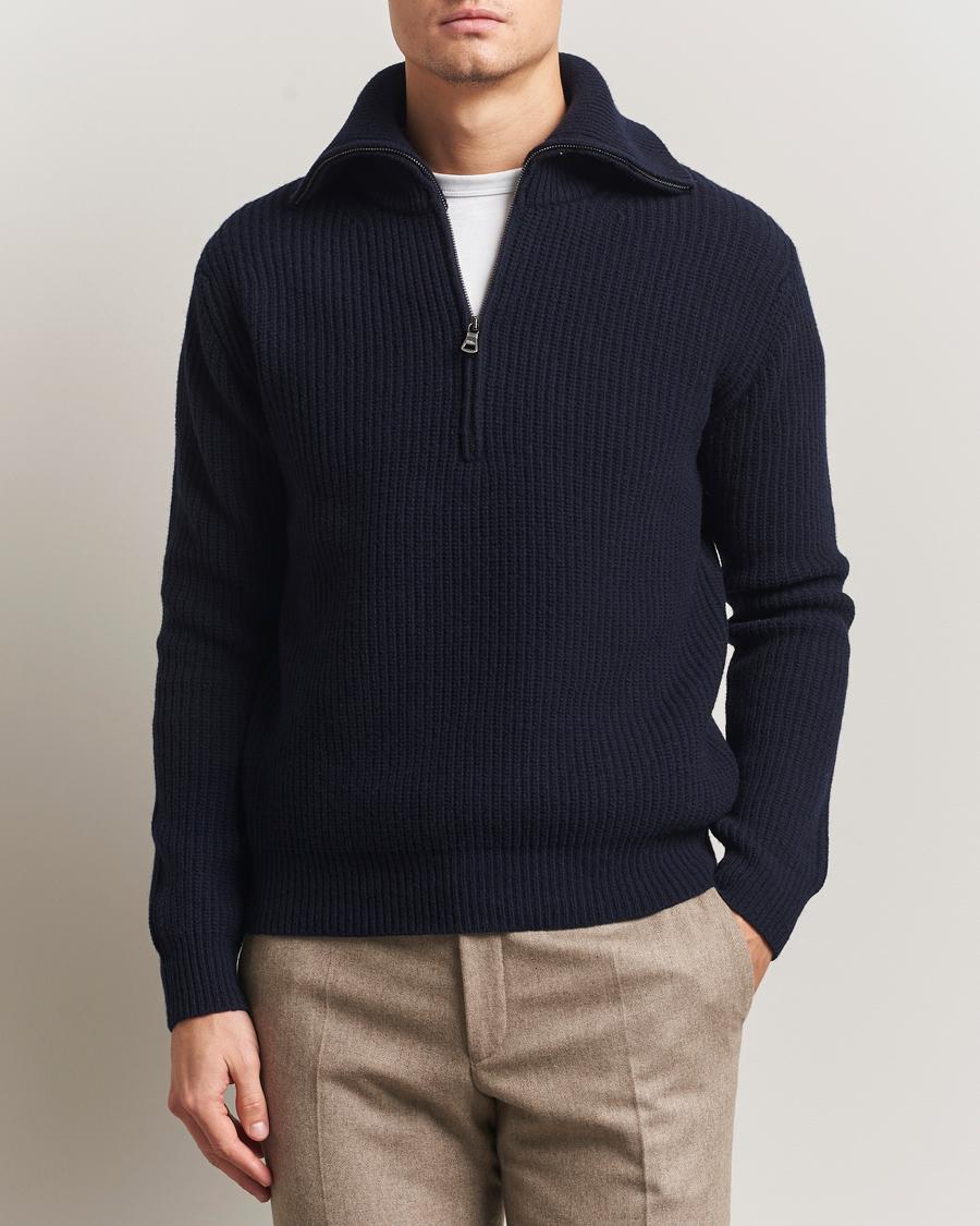 Herren | Pullover | Oscar Jacobson | Mauritz Chunky Wool Half-Zip Navy