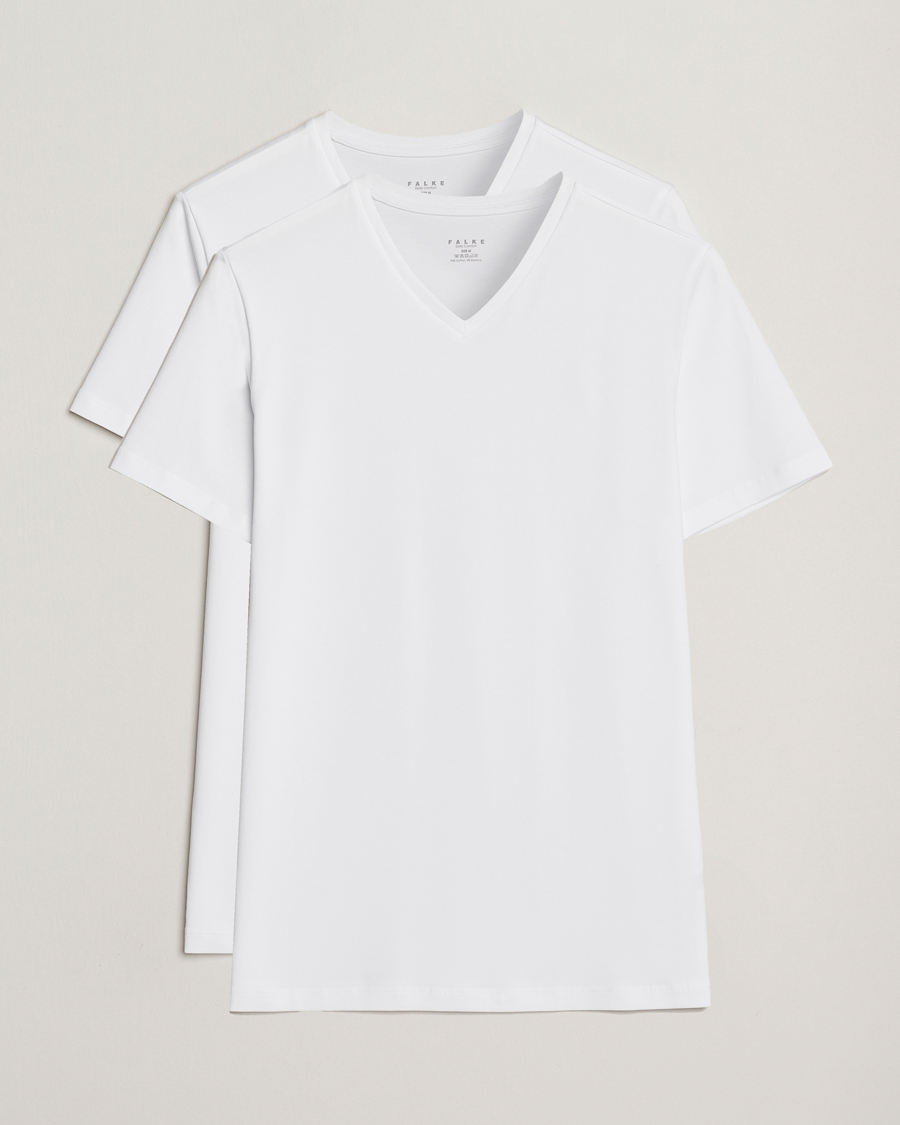 Herren | T-Shirts | Falke | 2-Pack Cotton V-Neck T-Shirt White