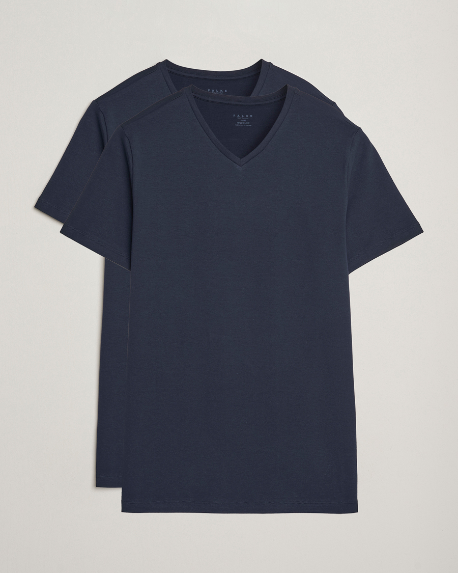 Herren | T-Shirts | Falke | 2-Pack Cotton V-Neck T-Shirt Midnight