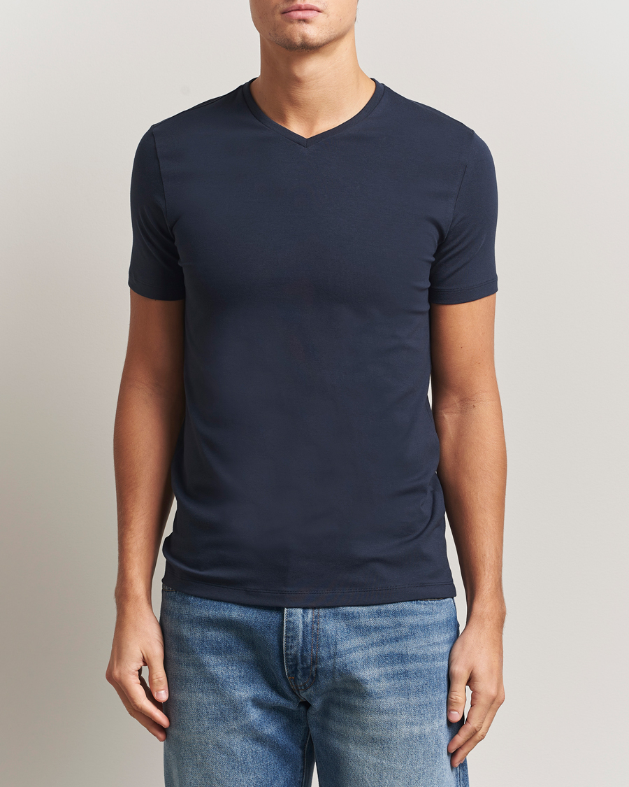 Herren | T-Shirts | Falke | 2-Pack Cotton V-Neck T-Shirt Midnight