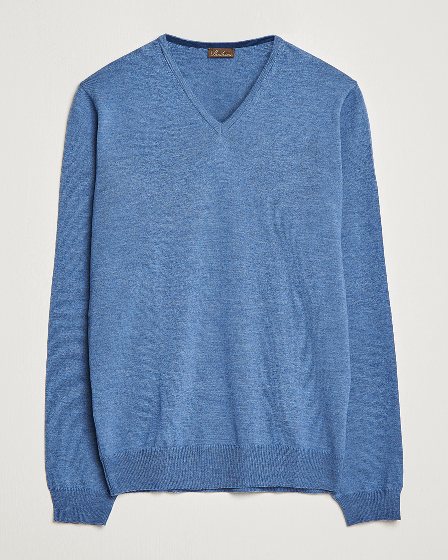 Herren | Pullover | Stenströms | Merino Patch V-Neck Light Blue/Blue