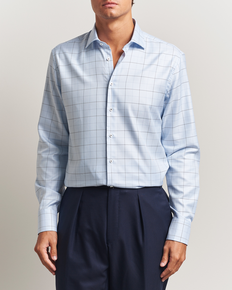 Herren | Hemden | Stenströms | Regular Fit Cut Away Windowpane Shirt Blue