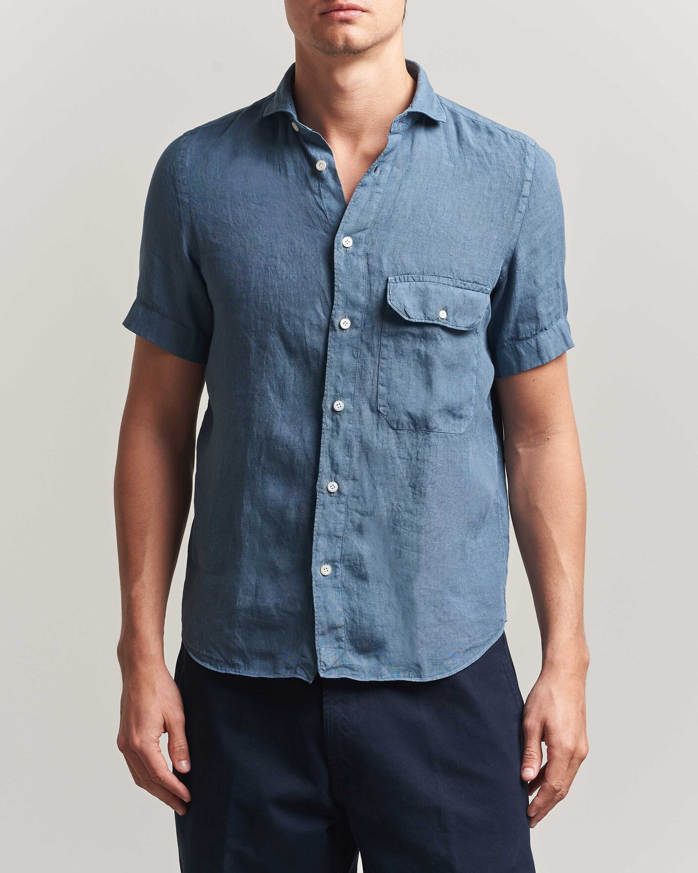 Herren | Hemden | Finamore Napoli | Linen Short Sleeve Sport Shirt Dark Blue
