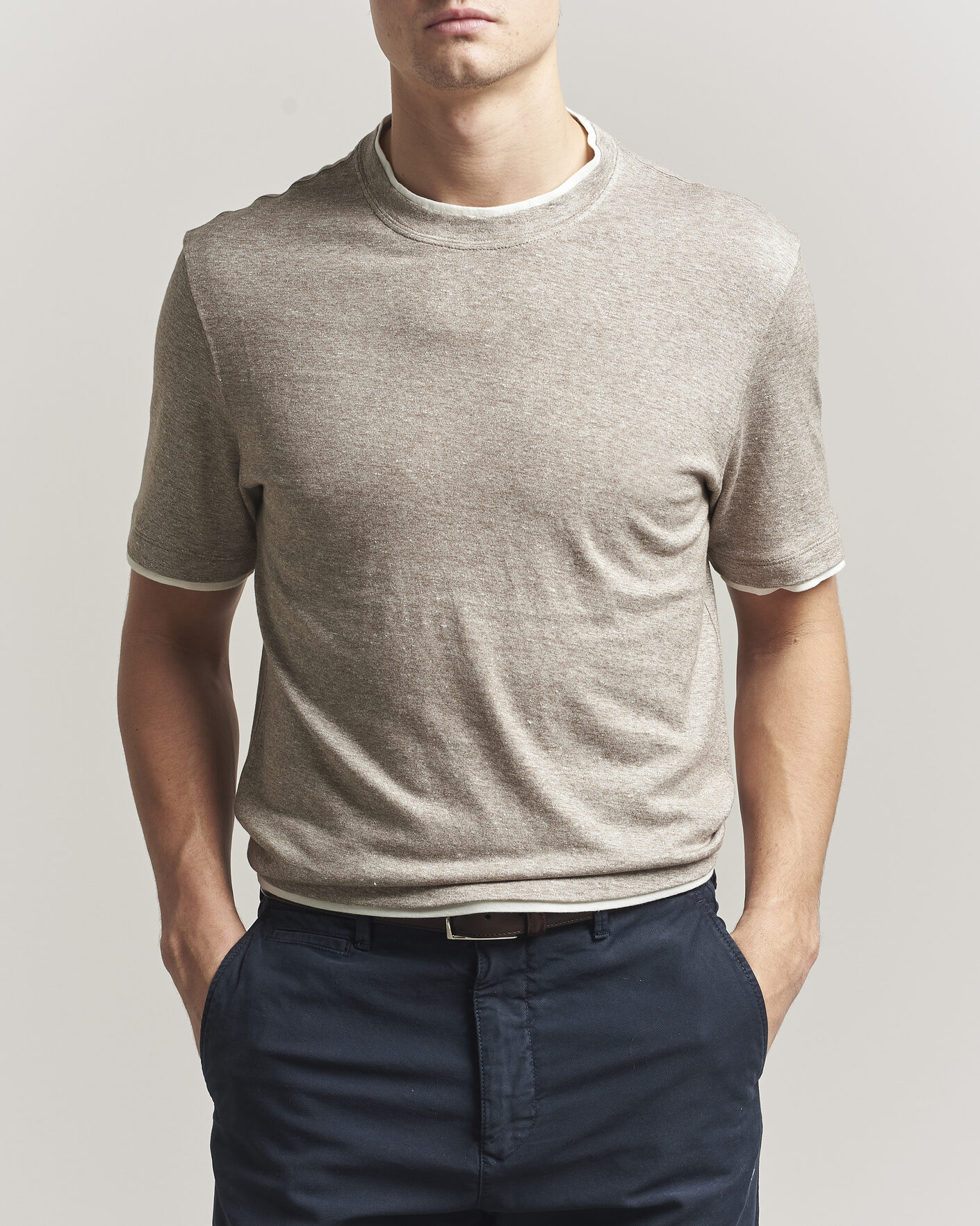 Herren | T-Shirts | Brunello Cucinelli | Double Collar Linen T-Shirt Brown