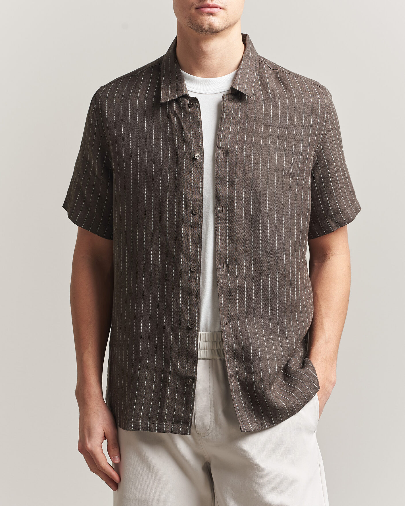 Herren | Hemden | Samsøe Samsøe | Avan Linen Striped Short Sleeve Shirt Black Olive