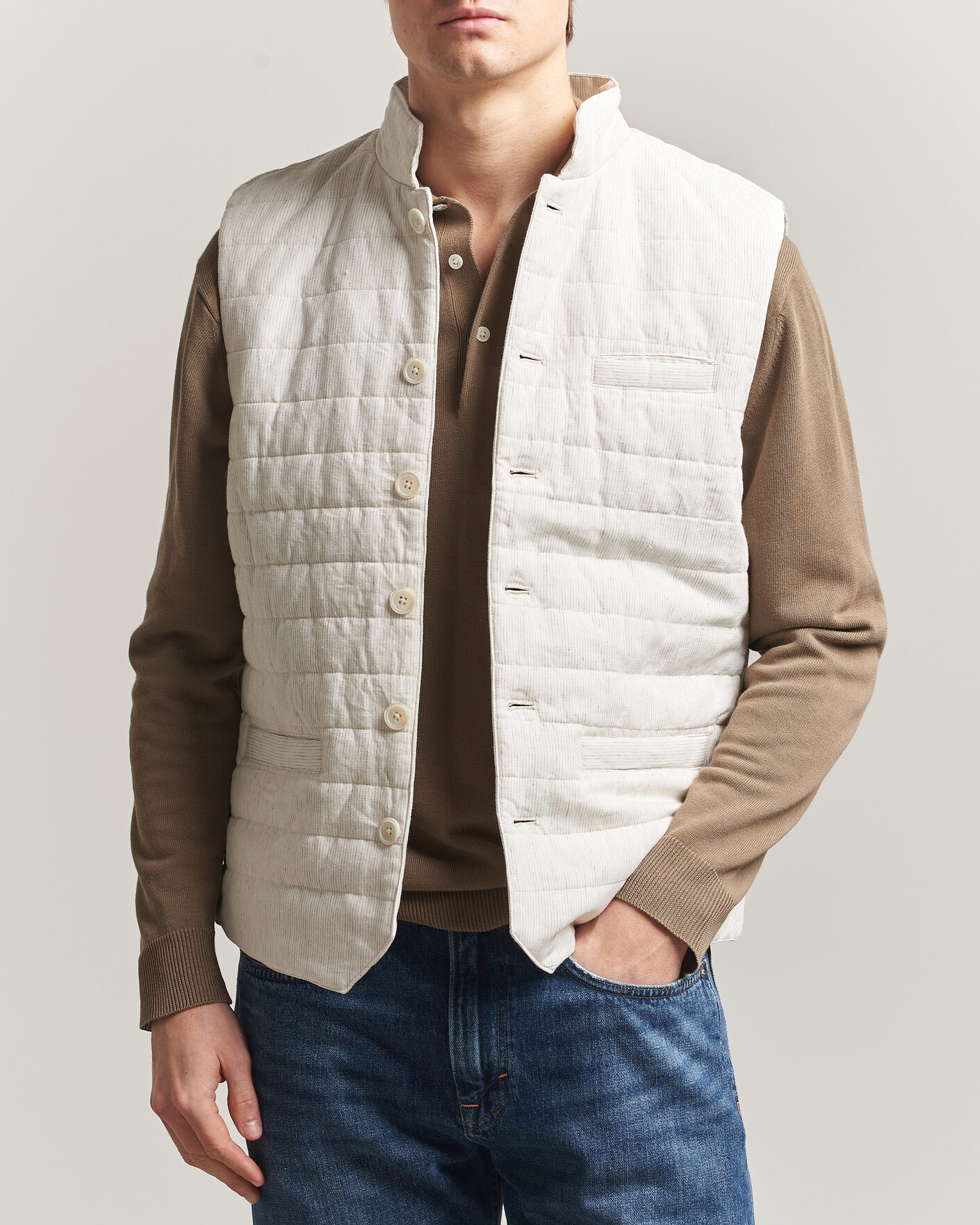 Herren | Westen | Stenströms | Mid Layer Pin Stripe Linen Vest Off White