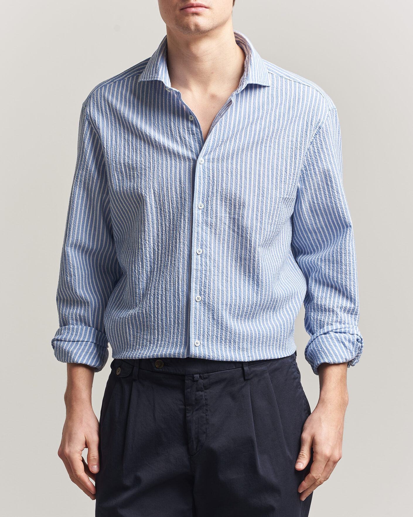Herren | Hemden | Stenströms | Regular Fit Striped Seersucker Shirt Blue