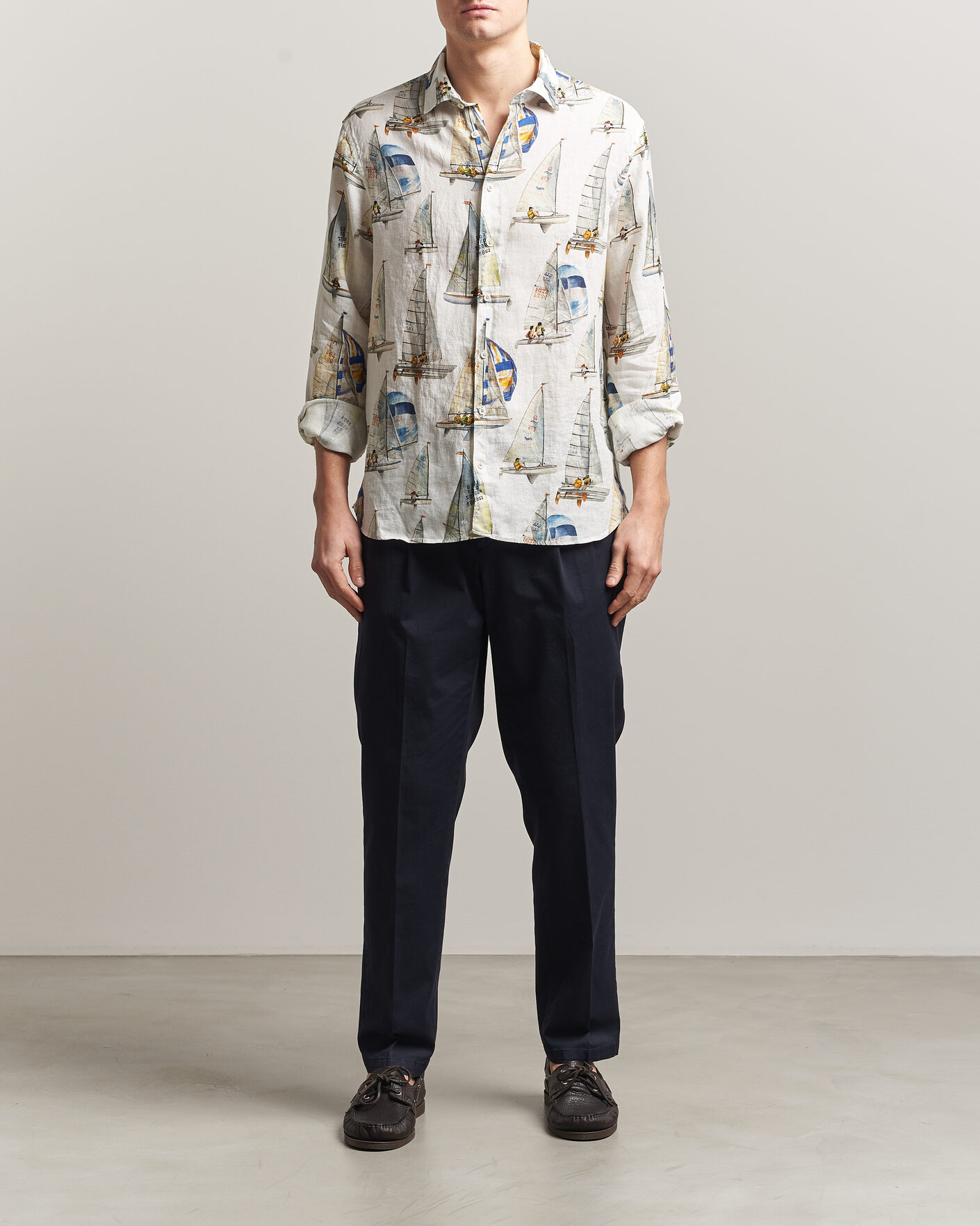 Herren | Hemden | Stenströms | Regular Fit Printed Sailing Linen Shirt White