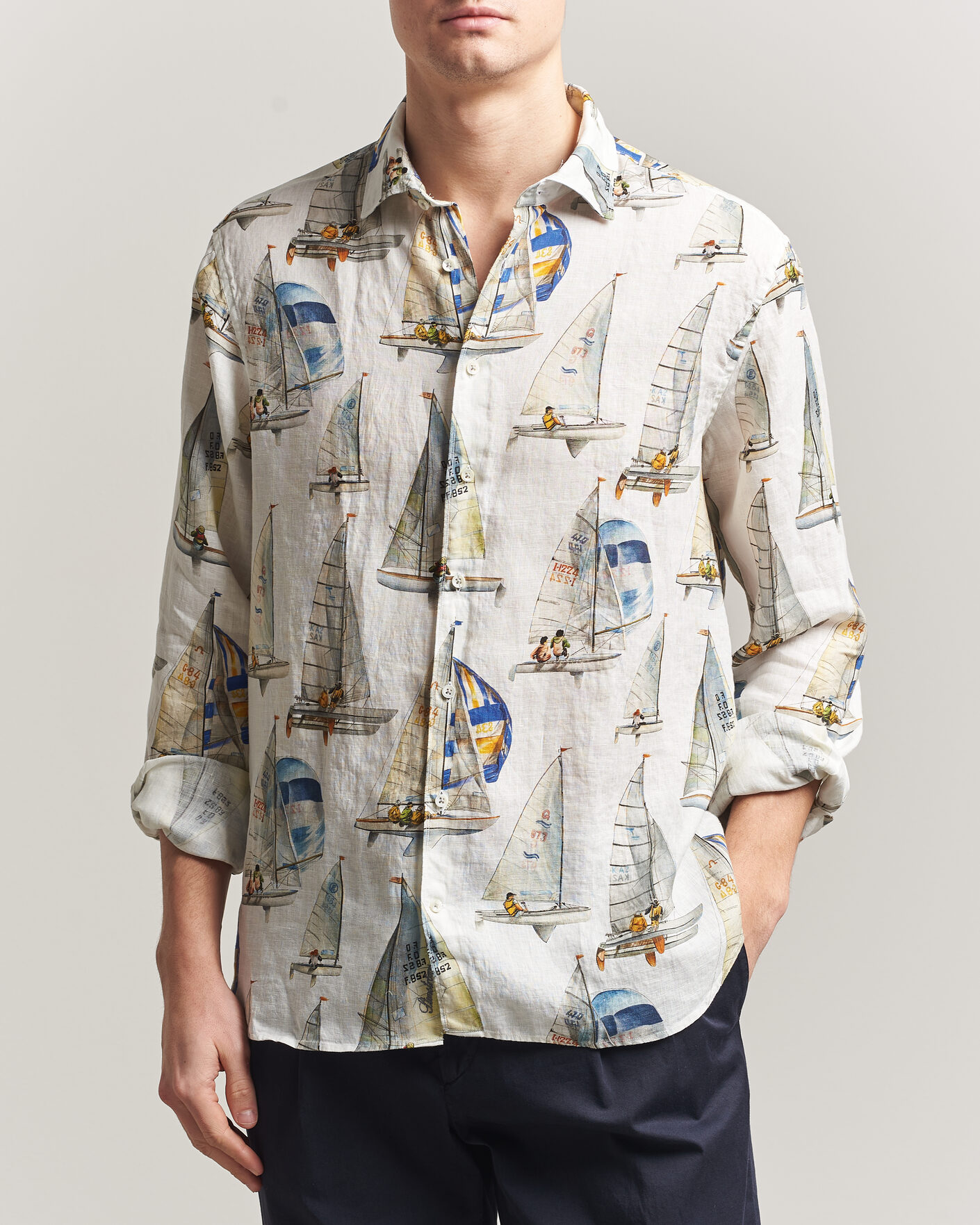 Herren | Hemden | Stenströms | Regular Fit Printed Sailing Linen Shirt White