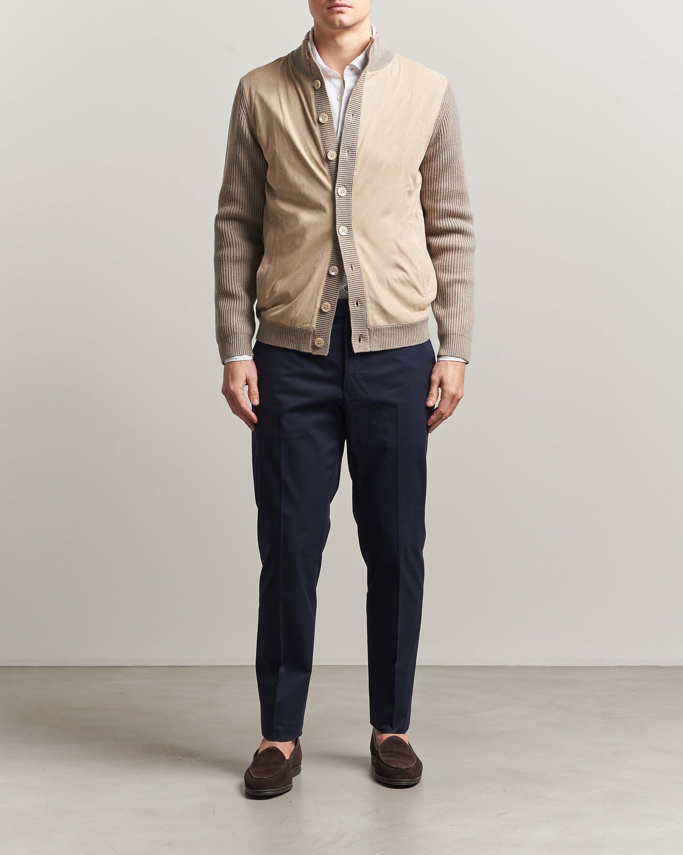 Herren | Pullover | Stenströms | Knitted Hybrid Buttoned Alcantara Cardigan Taupe