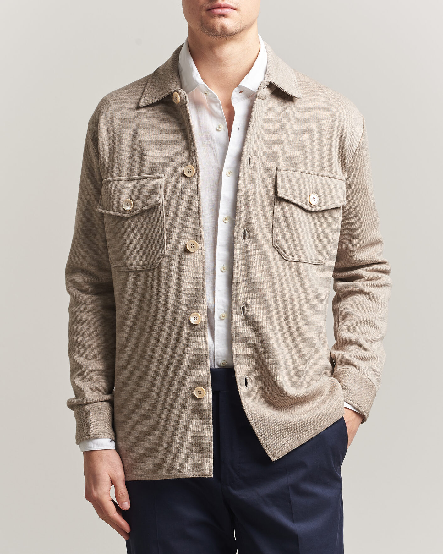 Herren | Pullover | Stenströms | Milano Knitted Merino Overshirt Beige