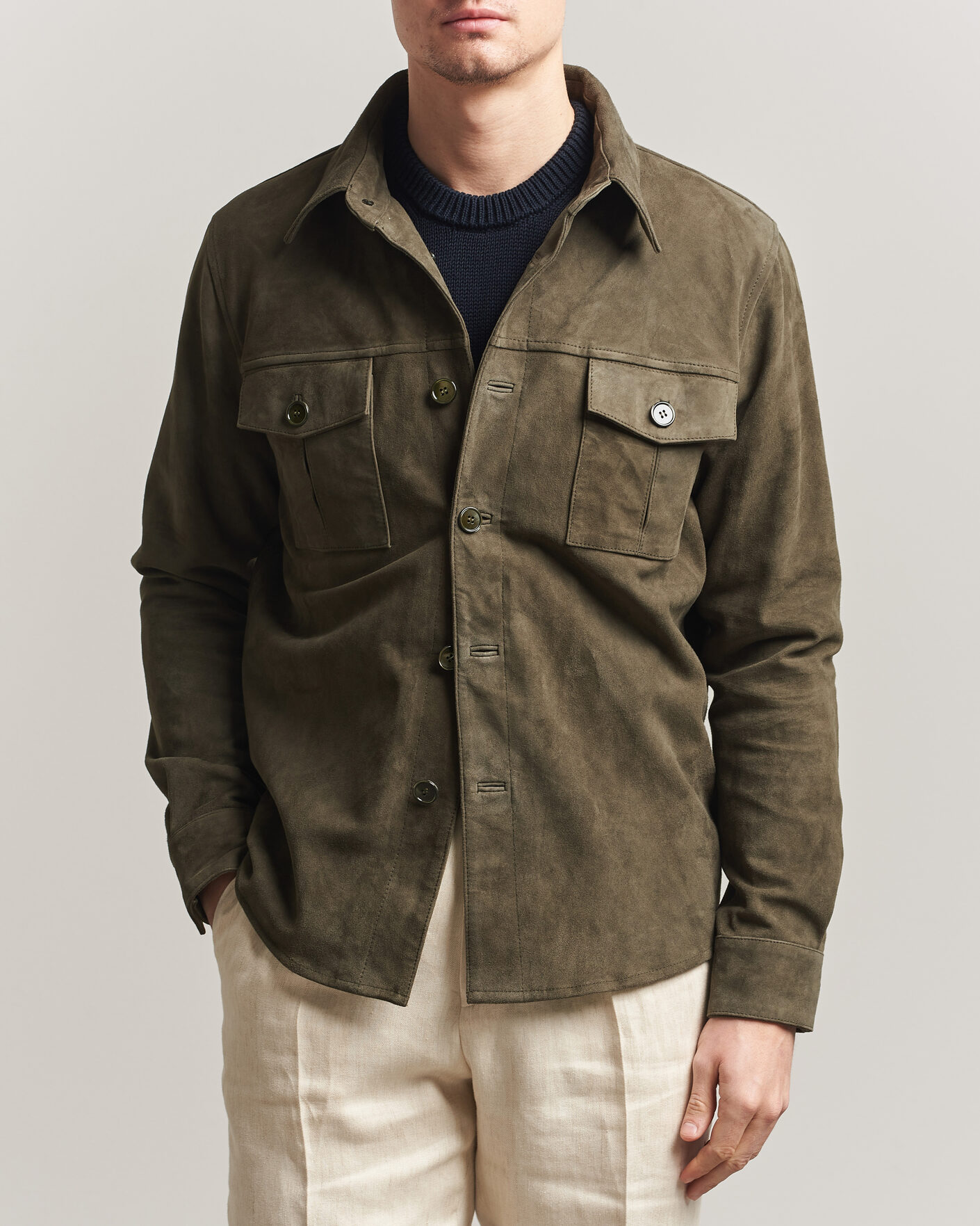 Herren | Jacken | Stenströms | Suede Pocket Overshirt Olive