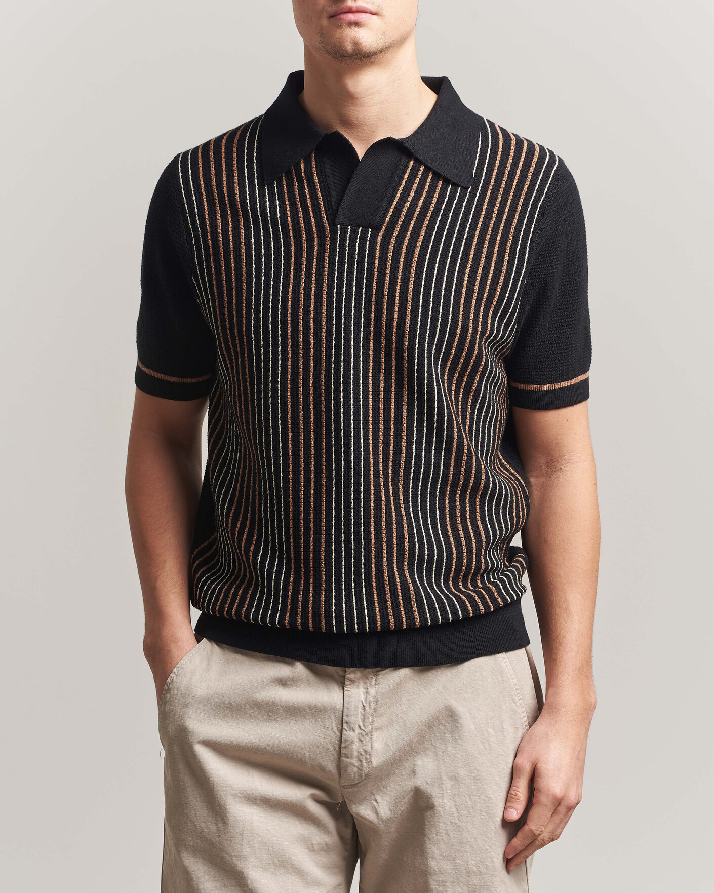 Herren | Poloshirts | Stenströms | Knitted Stripe Hemp/Cotton Polo Black