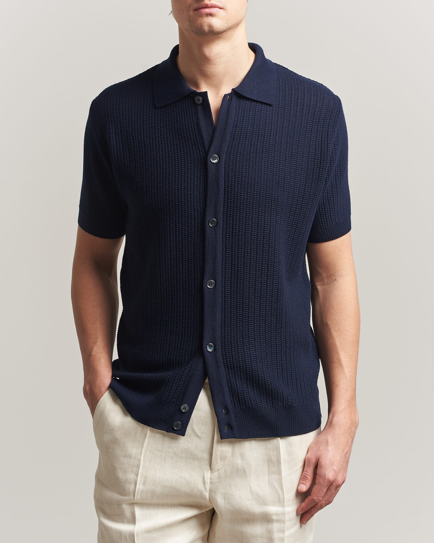Herren | Poloshirts | Stenströms | Knitted Buttonthru Merino Polo Shirt Navy
