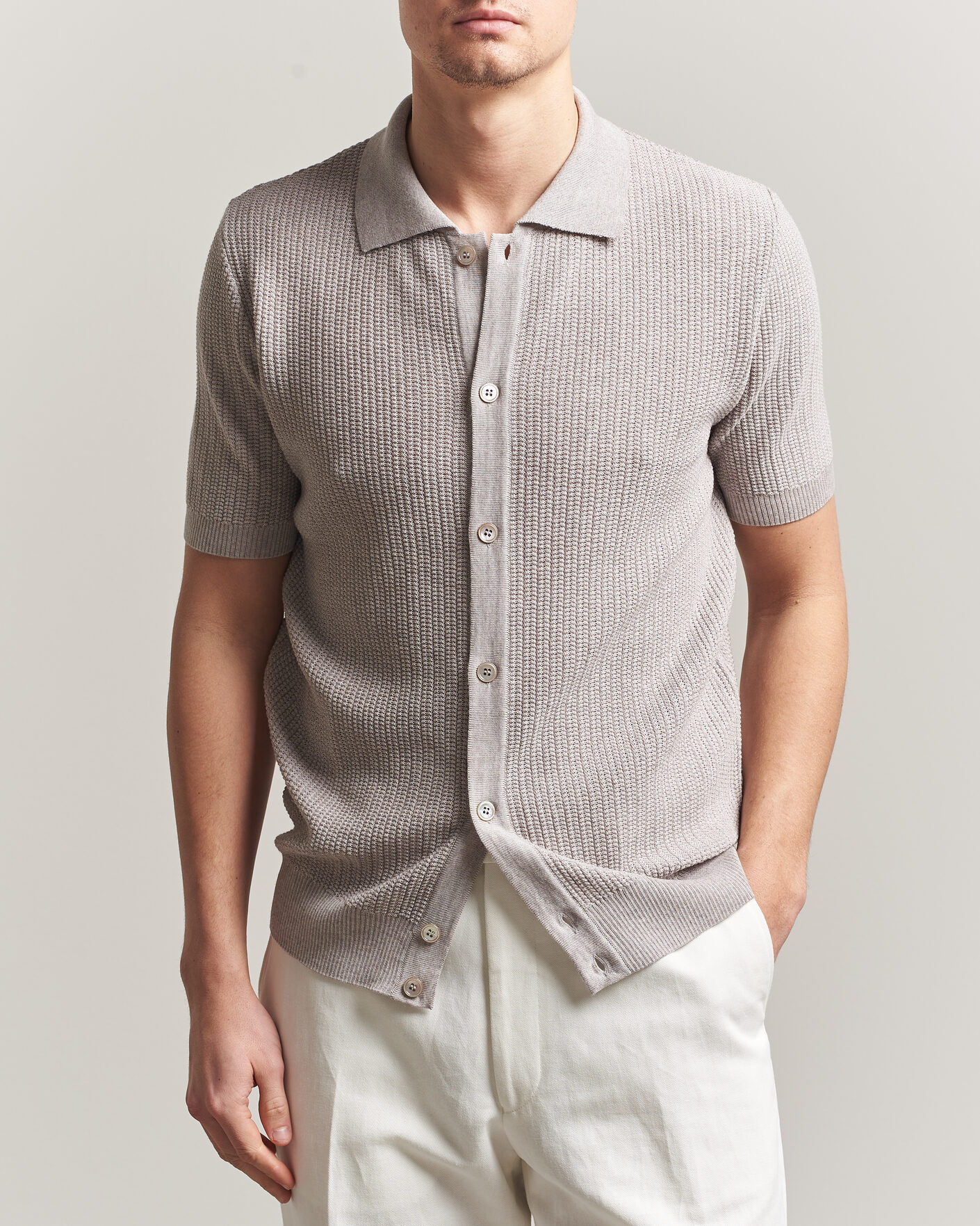 Herren | Poloshirts | Stenströms | Knitted Buttonthru Merino Polo Shirt Grey