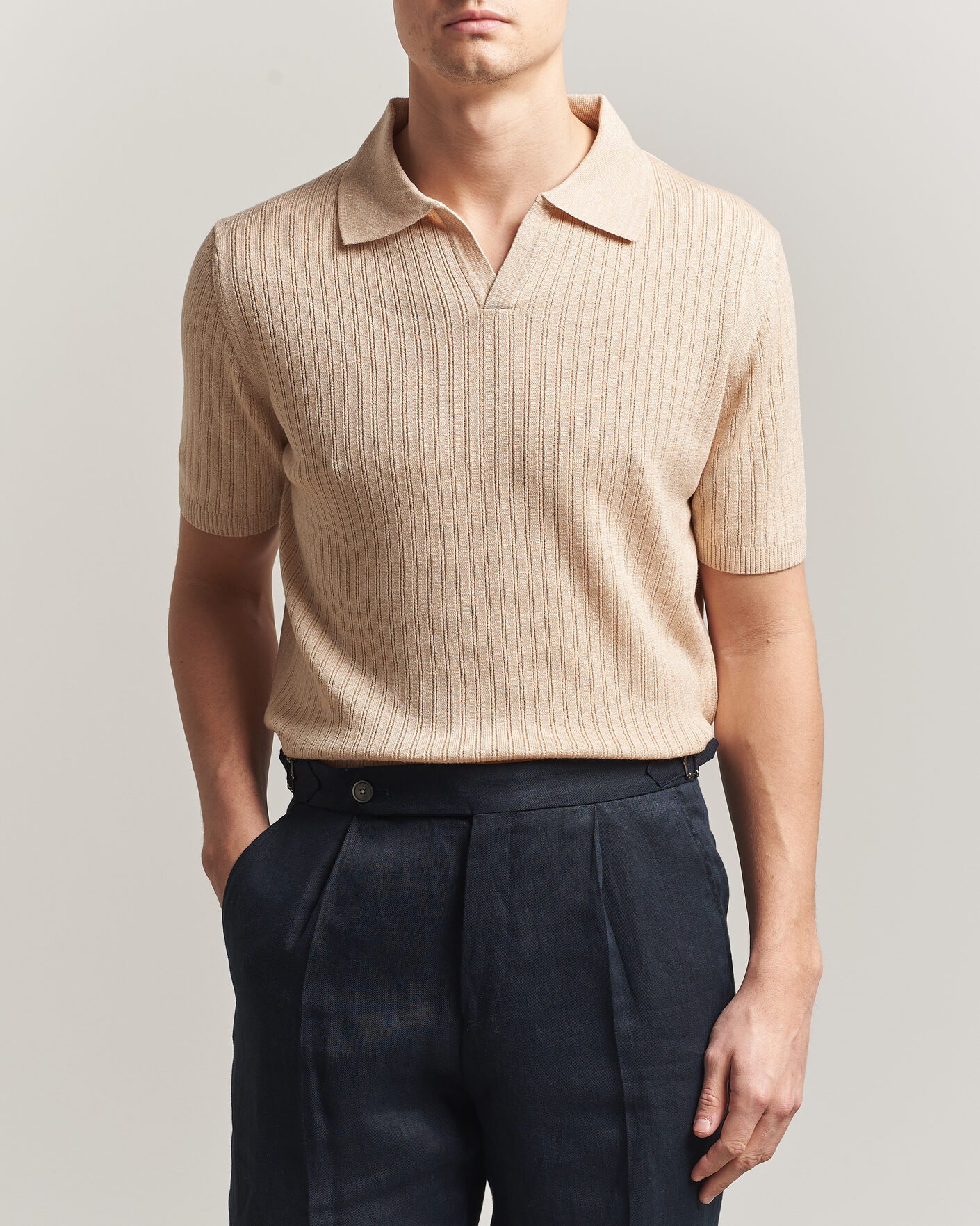 Herren | Poloshirts | Stenströms | Linen/Merino Structured Polo Beige