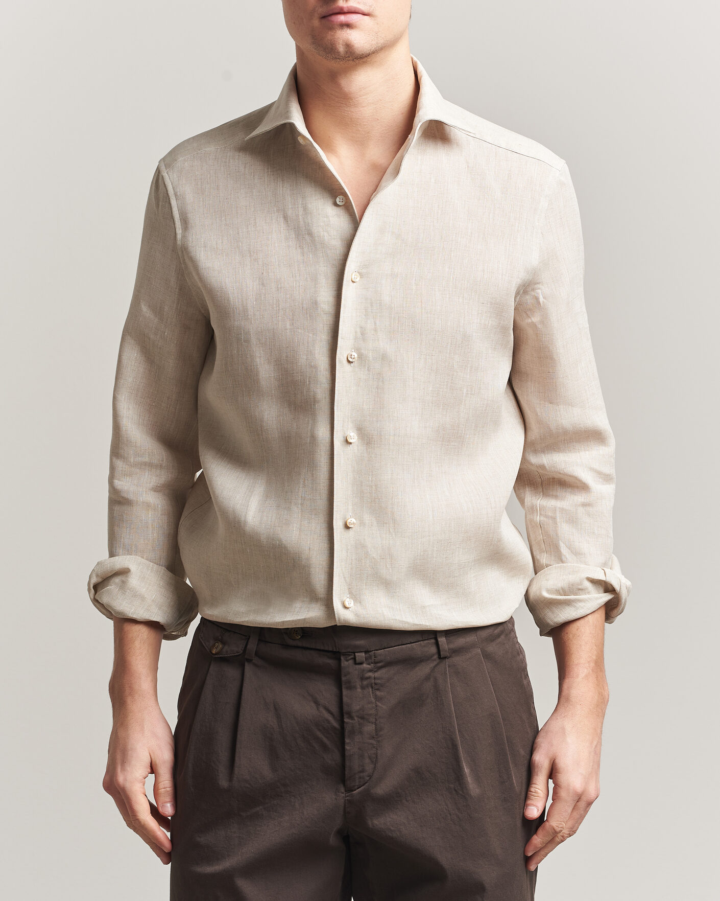 Herren | Hemden | Stenströms | 1899 Linen One Piece Collar Shirt Beige
