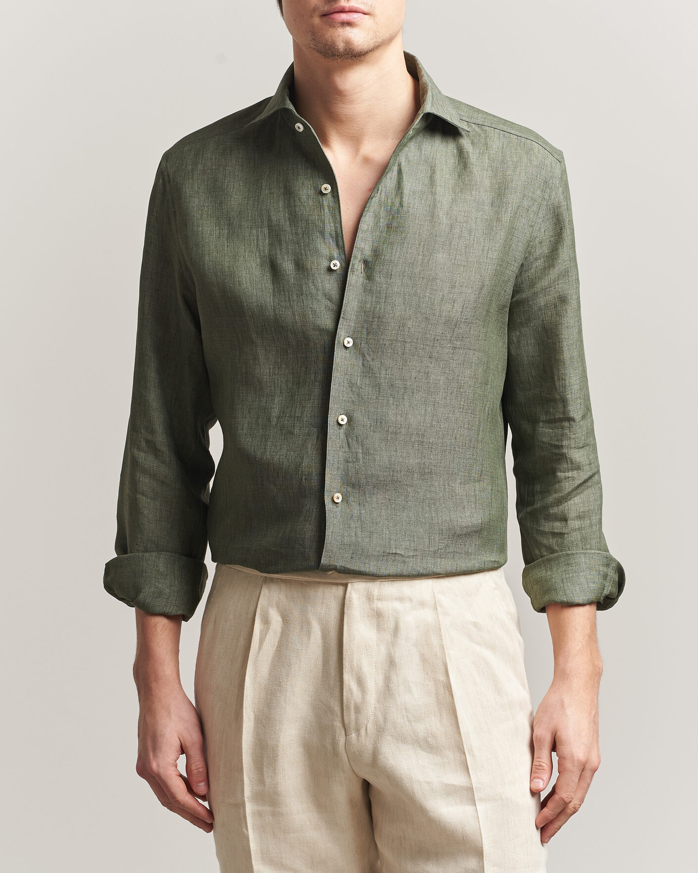 Herren | Hemden | Stenströms | 1899 Linen One Piece Collar Shirt Olive