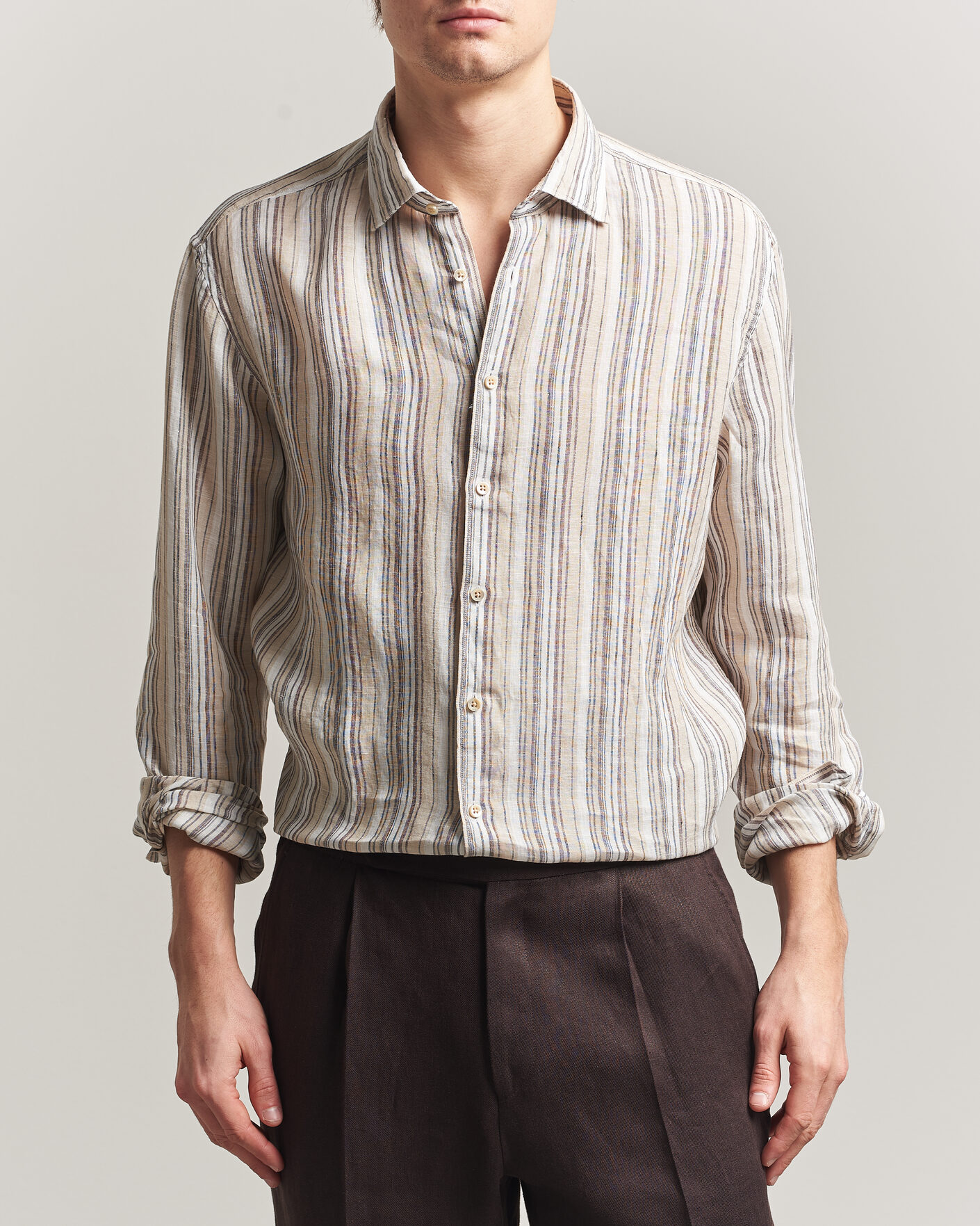 Herren | Hemden | Stenströms | Regular Fit Multi Striped Linen Shirt Brown