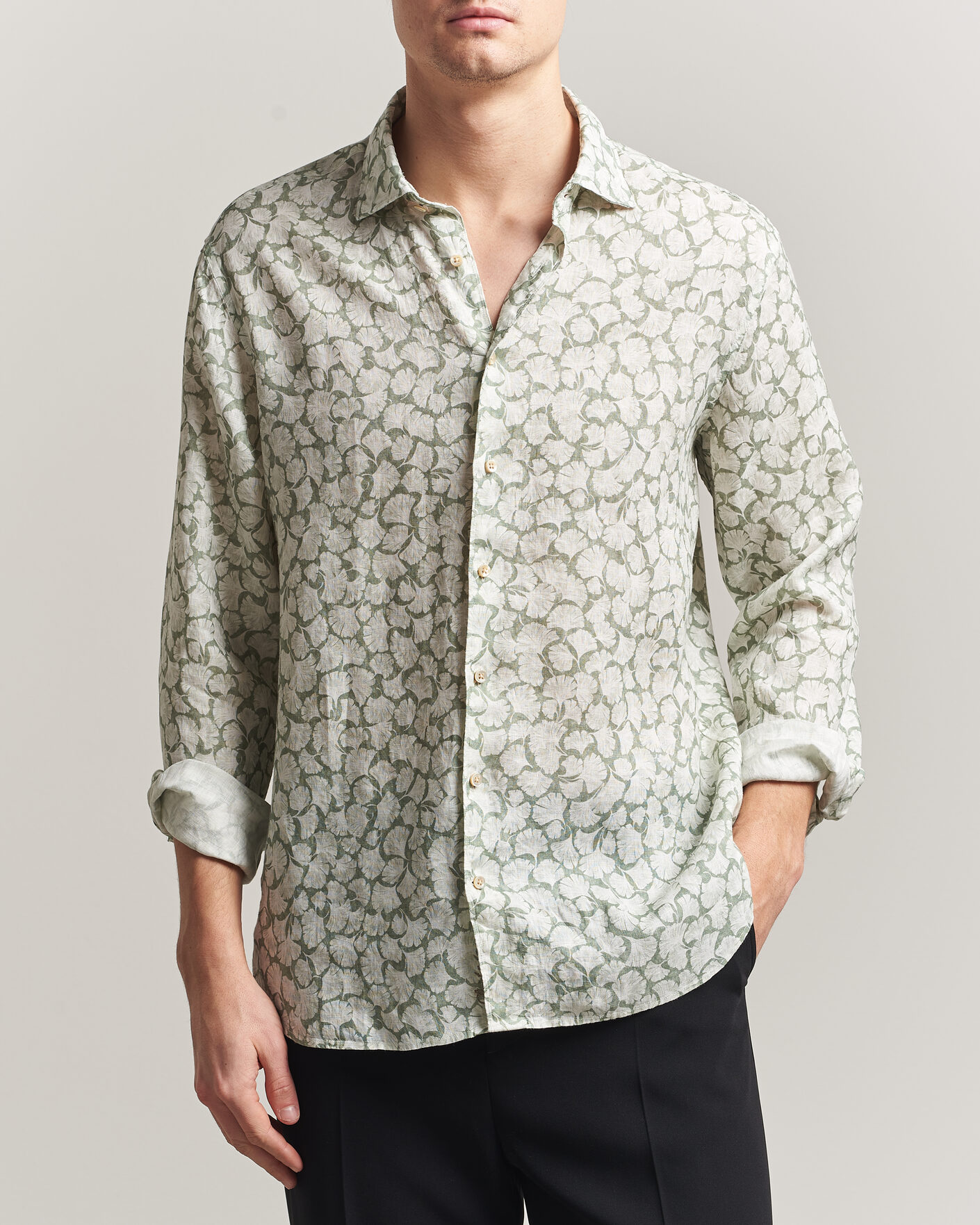 Herren | Hemden | Stenströms | Regular Fit Flower Printed Linen Shirt Green