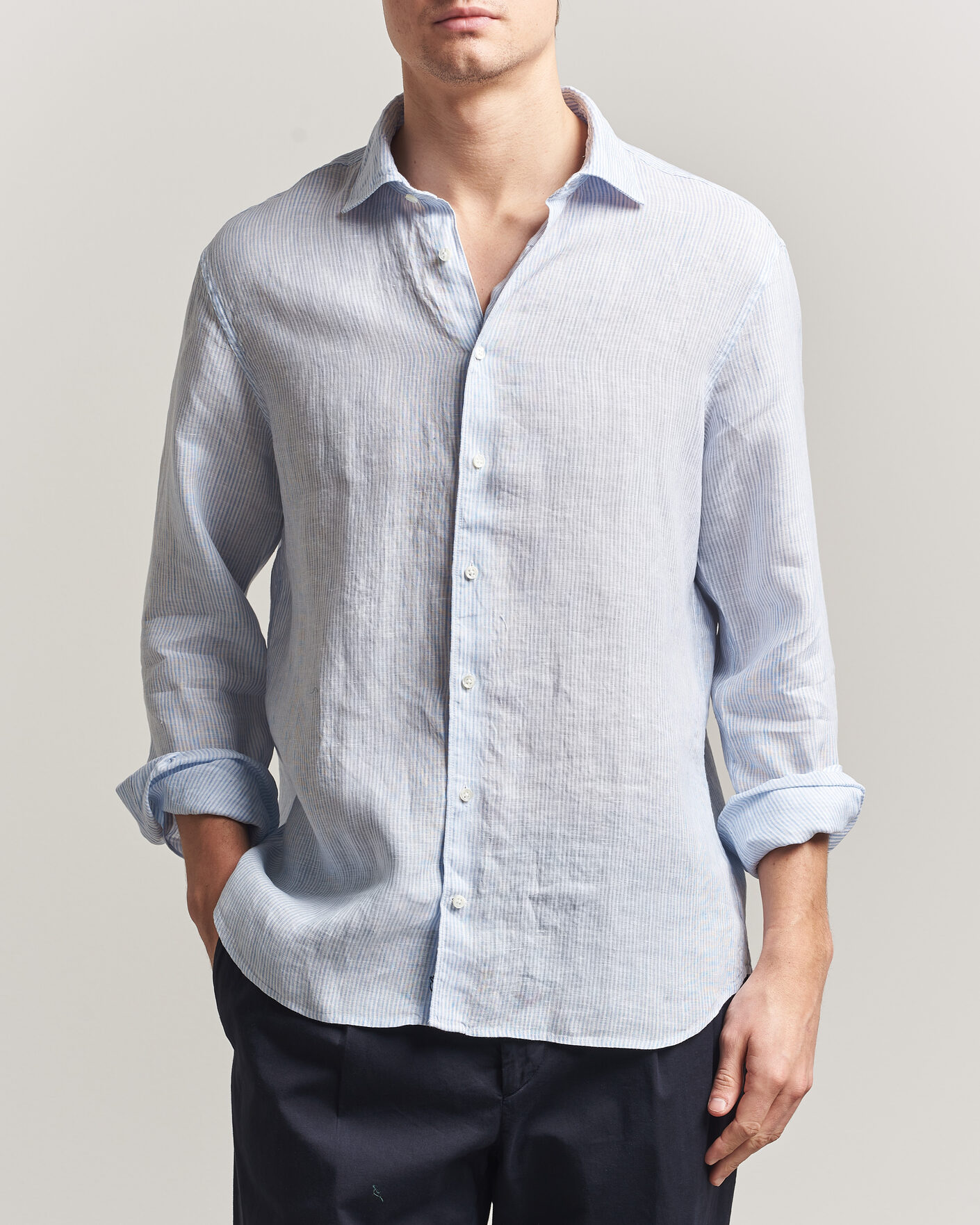 Herren | Hemden | Stenströms | Regular Fit Thin Striped Linen Shirt Light Blue