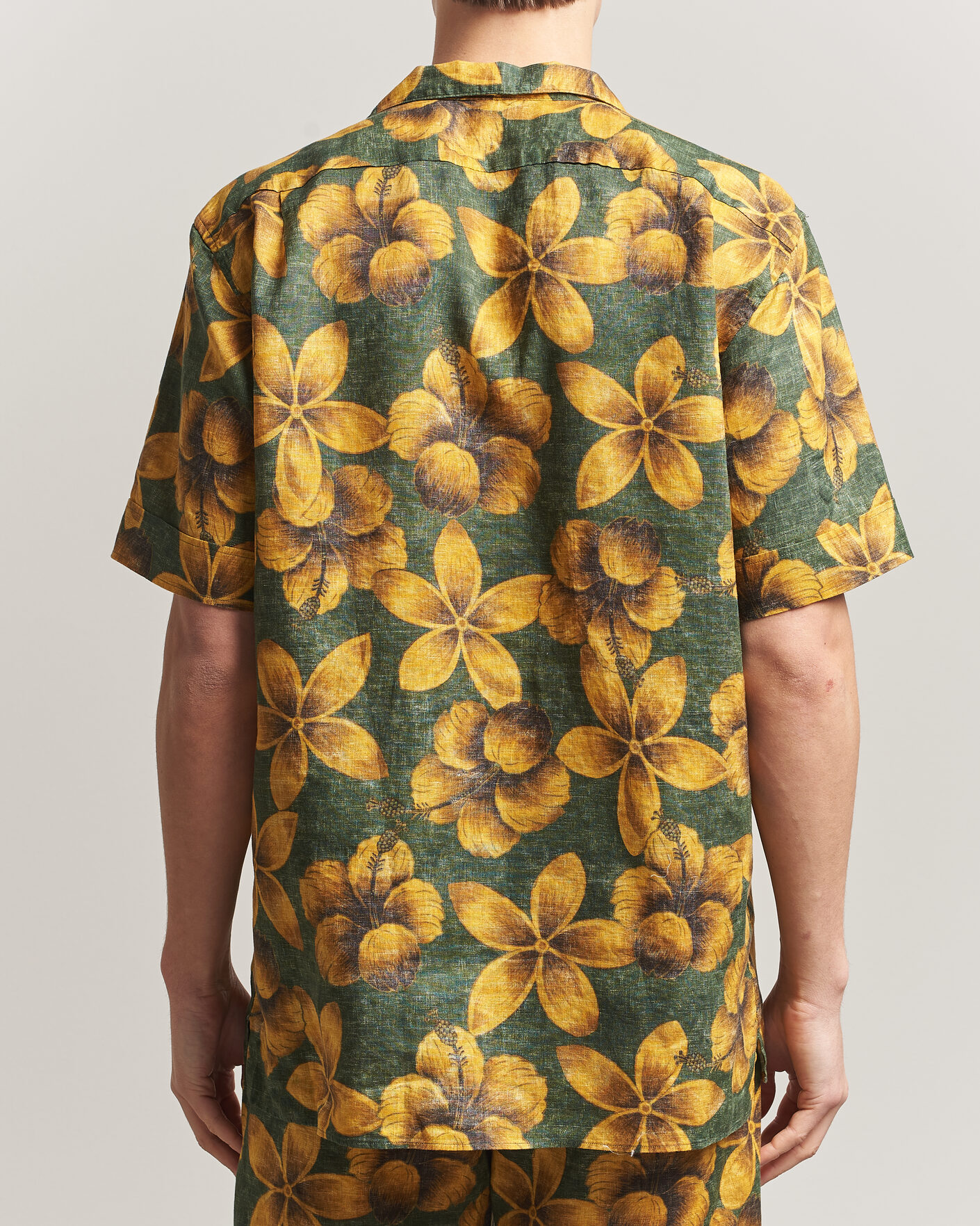 Herren | Hemden | Stenströms | Flower Printed Short Sleeve Linen Shirt Green
