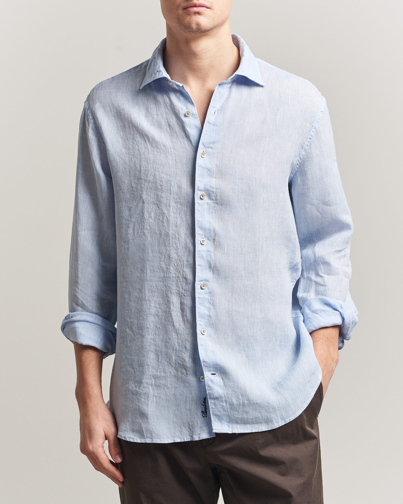 Herren | Hemden | Stenströms | Regular Fit Cut Away Linen Shirt Light Blue