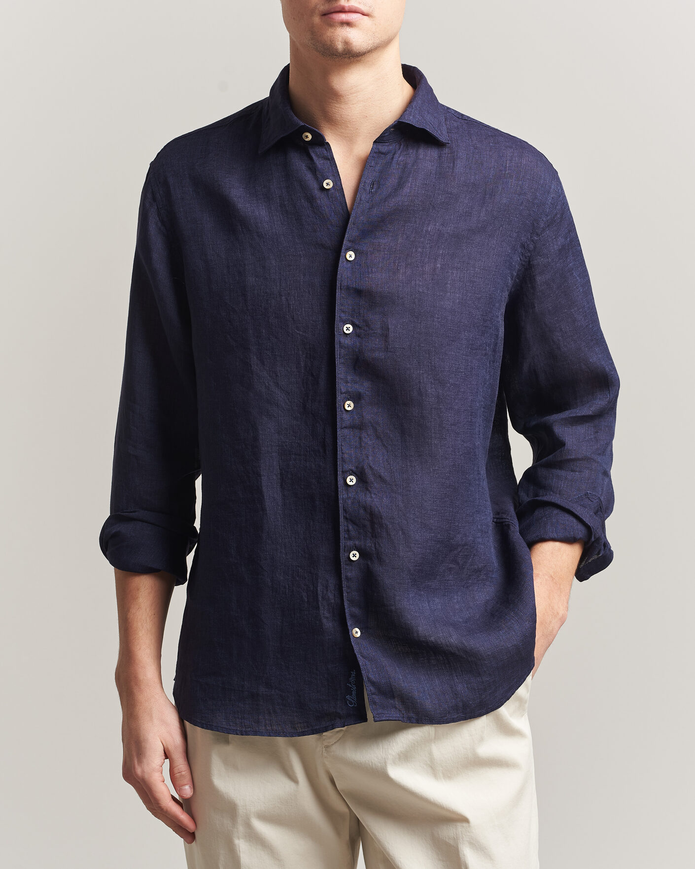 Herren | Hemden | Stenströms | Regular Fit Cut Away Linen Shirt Navy