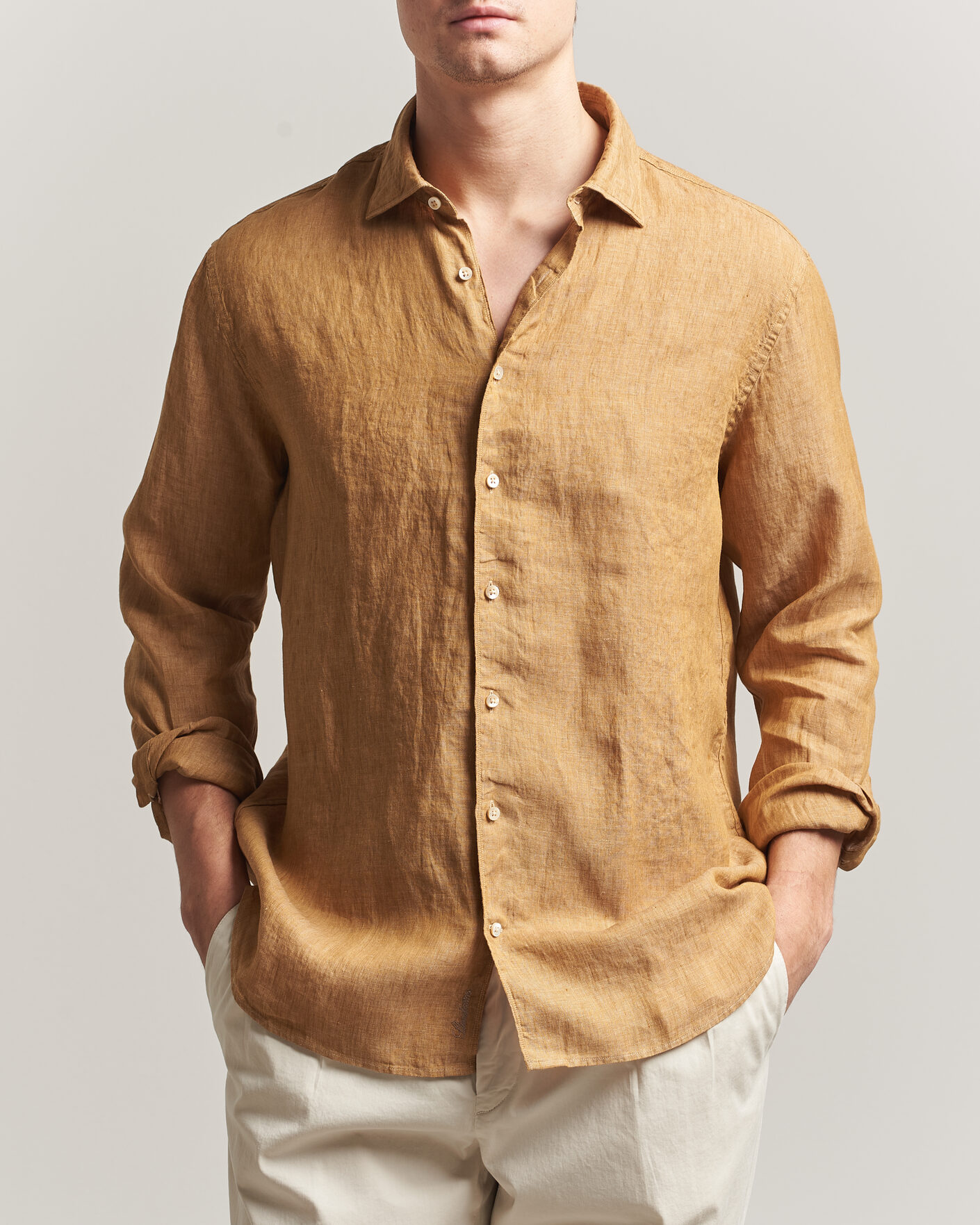 Herren | Hemden | Stenströms | Regular Fit Cut Away Linen Shirt Light Brown
