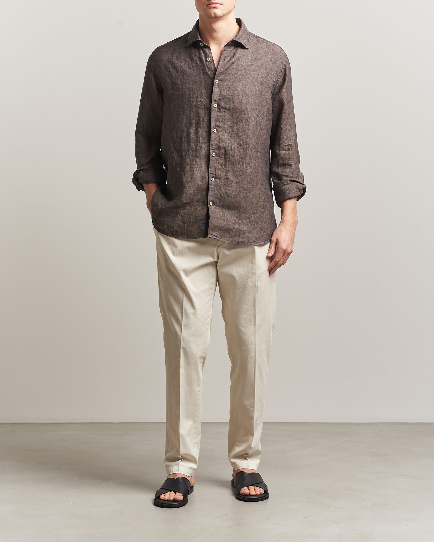 Herren | Hemden | Stenströms | Regular Fit Cut Away Linen Shirt Brown