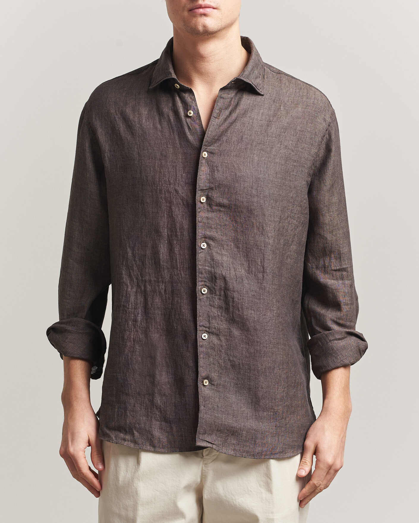 Herren | Hemden | Stenströms | Regular Fit Cut Away Linen Shirt Brown