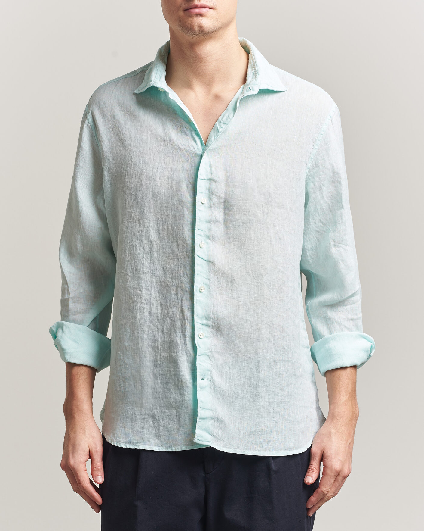 Herren | Hemden | Stenströms | Regular Fit Cut Away Linen Shirt Mint