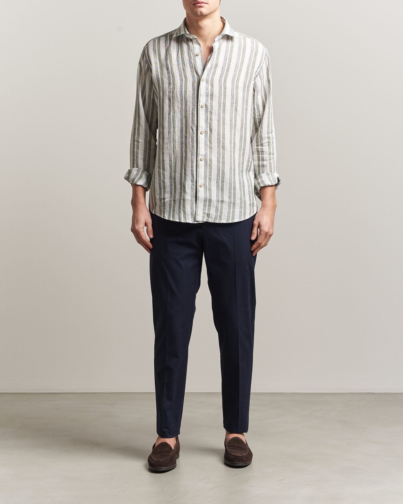 Herren | Hemden | Eton | Casual Fit Striped Linen Shirt Dark Green