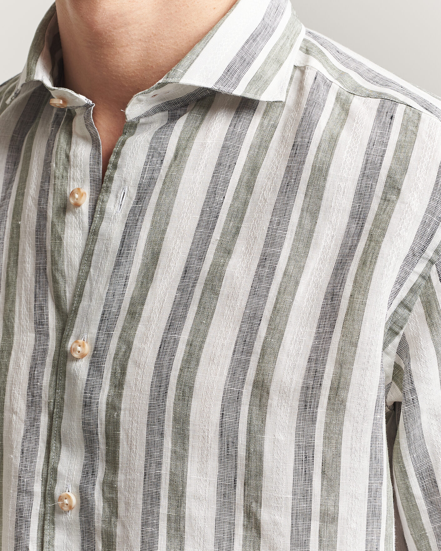 Herren | Hemden | Eton | Casual Fit Striped Linen Shirt Dark Green