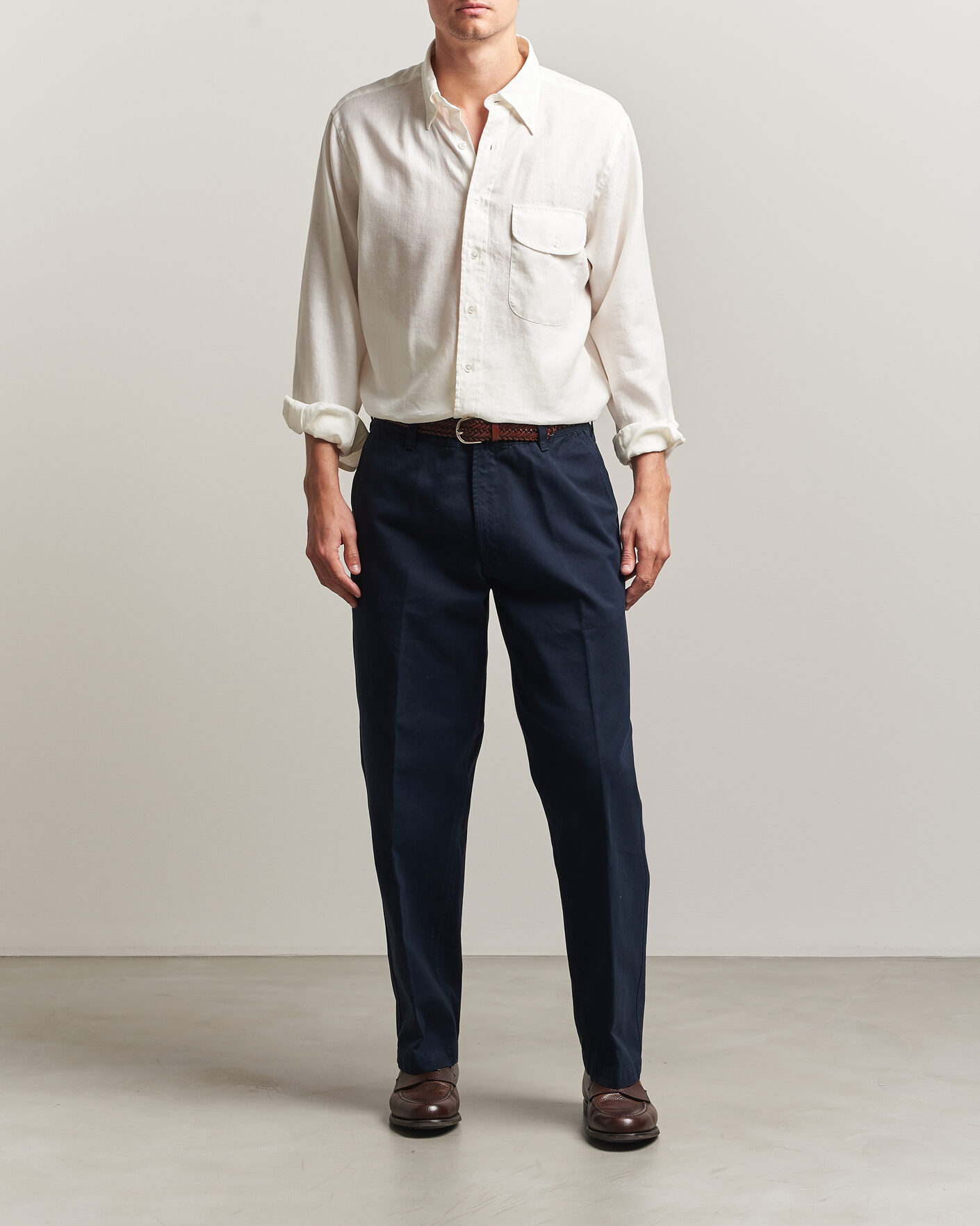 Herren | Hemden | Drake's | Linen Button Down Curved Pocket Shirt White